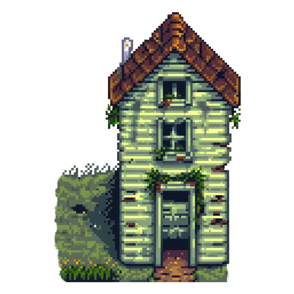 shabby house, pixel art style, broken windows, overgrown grass sticker