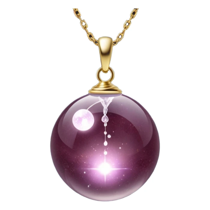 A polished round ball wine granite pendant suspended from a delicate gold chain, like a drop of enchanted starlight, glowing with the warmth of passion and the quiet power of transformation ethereal floating magical moving around... rebirth  sticker