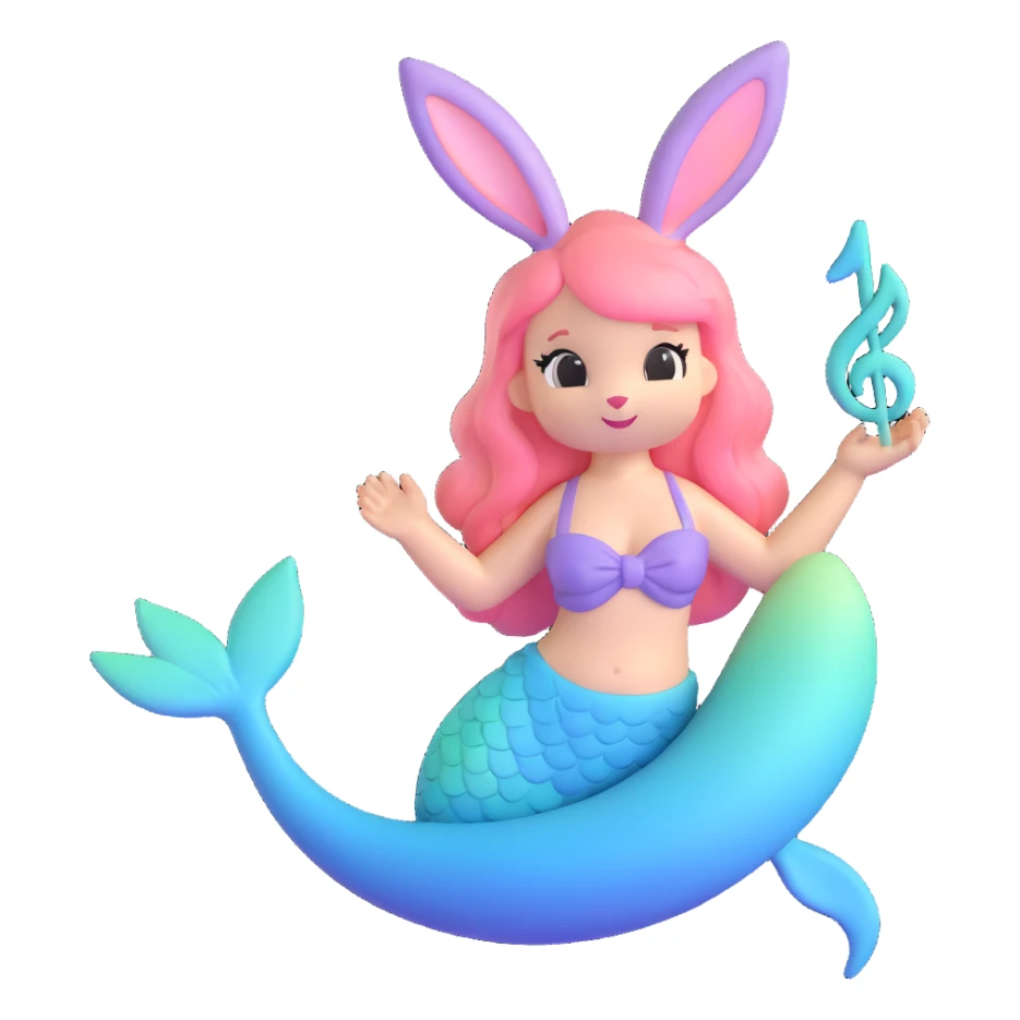 Turn this cute bunny-mermaid illustration into a 3D iOS 18 emoji style. Keep the pastel colors, soft features, and musical note, but render it with smooth, rounded, and glossy 3D effects typical of iOS 18 emojis. sticker