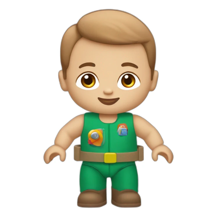 Caucasian baby boy, brown air playing with duplo starship sticker
