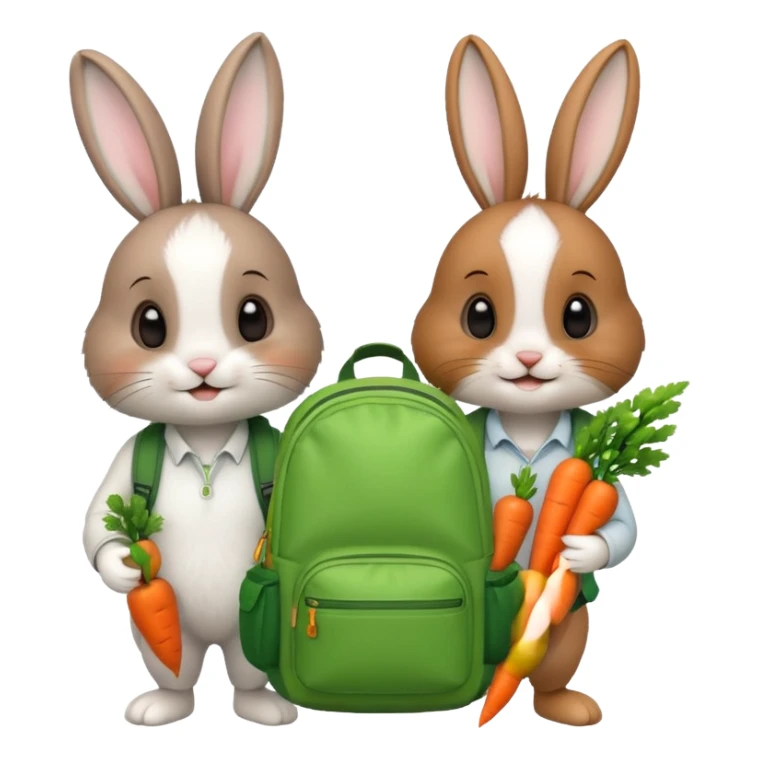  Two bunny brown & white, bunny with a green backpack, holding a carrot sticker