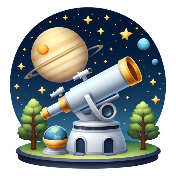 An icon featuring visible planets, distant stars, and galaxies, an observatory with a giant telescope, set against a starry sky, symbolizing the study of astronomy and celestial exploration. Transparent background highlights the wonder of the universe. sticker