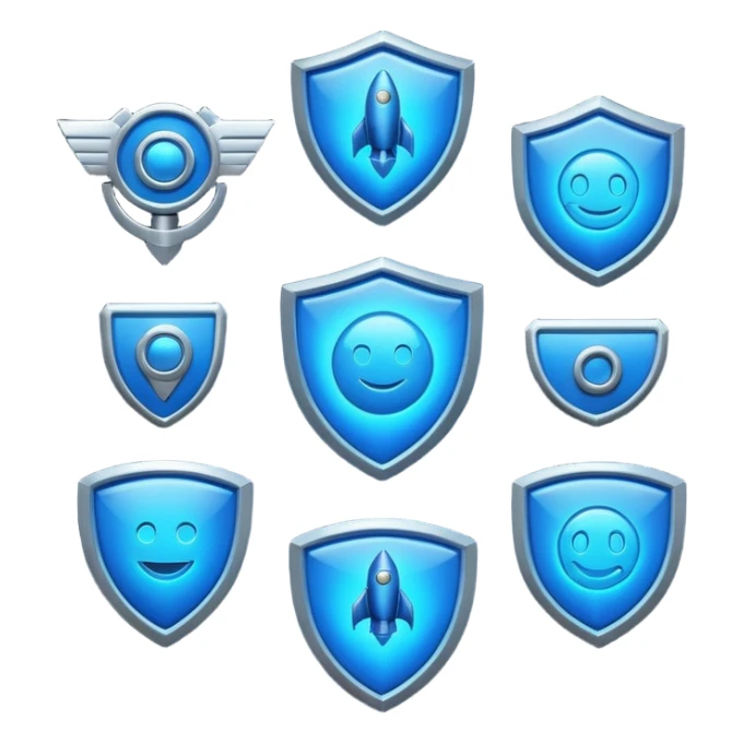 Futuristic glowing blue emoji badge set for the brand name “DRAEV” — includes shield, checkmark, camera, briefcase, verified tick, bot face, and rocket. Neon blue glow, dark gradient background, cyber aesthetic, 3D soft lighting, premium tech style. sticker