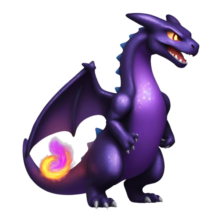 Black shiny sparkly Charizard-Fakémon with purple flame on tail full body sticker