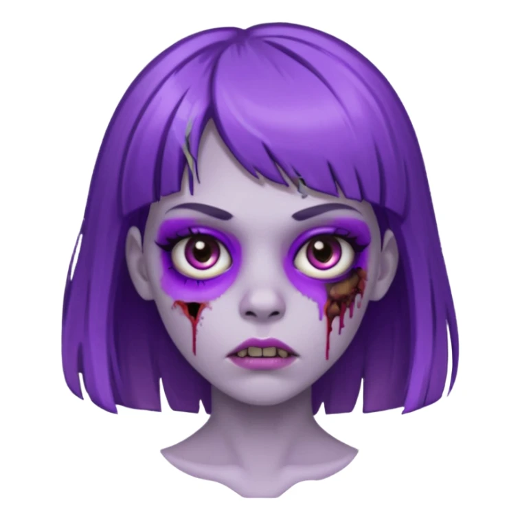 Zombie girl, with bangs above her eyebrows, purple highlights in her dark blonde hair, thin eyebrows. sticker