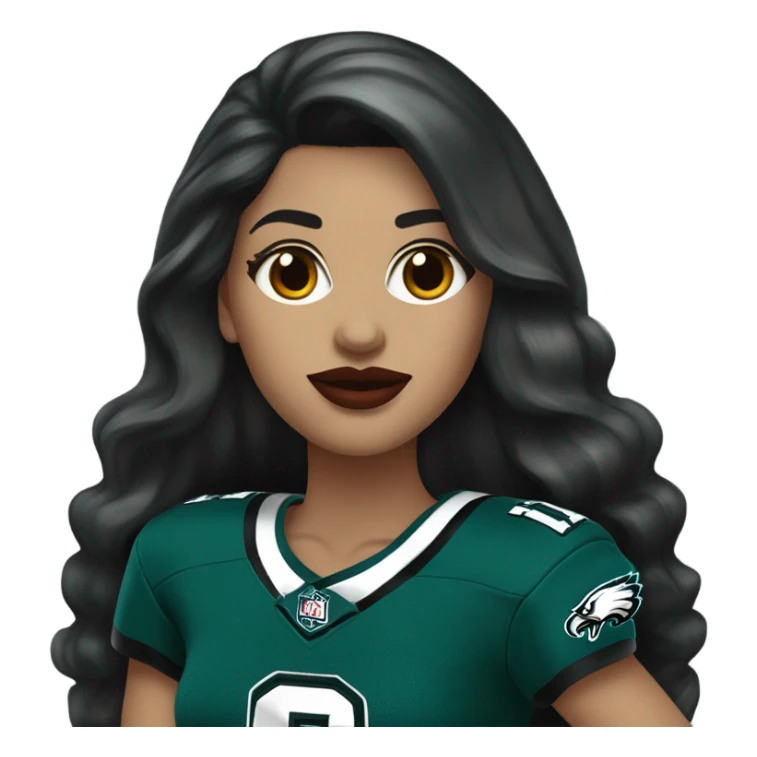 White female long dark hair red lips wearing Philadelphia Eagles jersey sticker