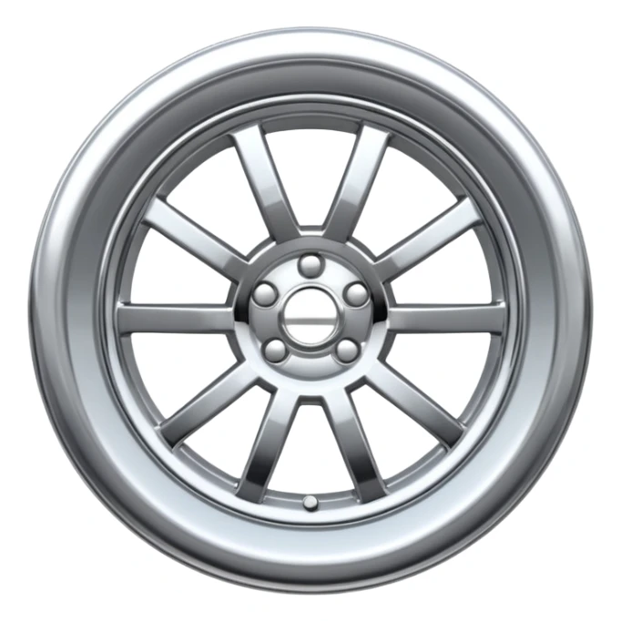 A chrome car wheel emoji, polished silver metal rim, smooth circular shape, minimal futuristic design, soft reflections, iOS emoji style, centered on white background, ultra clean look sticker