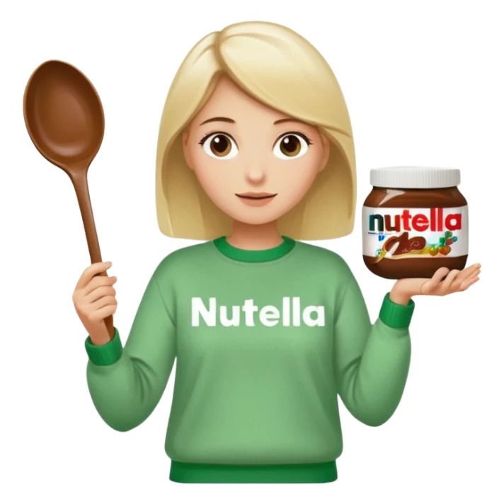 Blond woman with white and green pullover holds in one hand a big carriage of Nutella and in the other hand a oversized spoon which is in the carriage of Nutella sticker