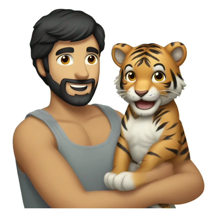 a caucasian guy with black hair and beard playing with a baby tiger sticker