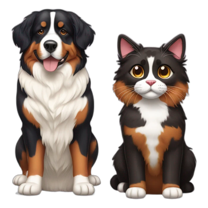 A Bernese dog next to A tortoiseshell cat without white sticker