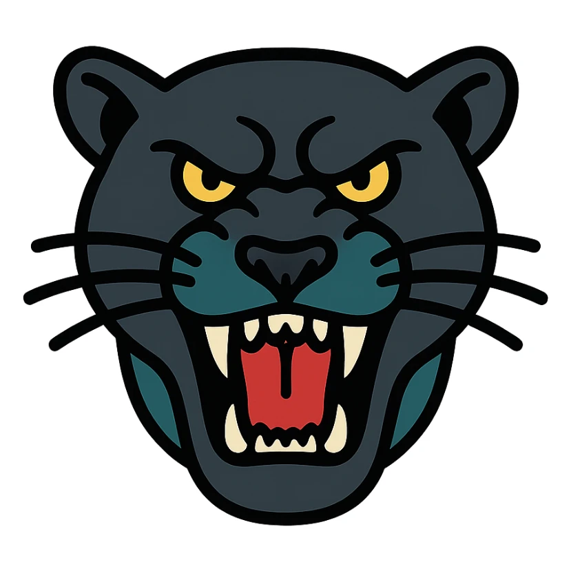 aggressive panther head, snarling, black fur with teal highlights, bold lines, Penrith Panthers rugby league logo style sticker