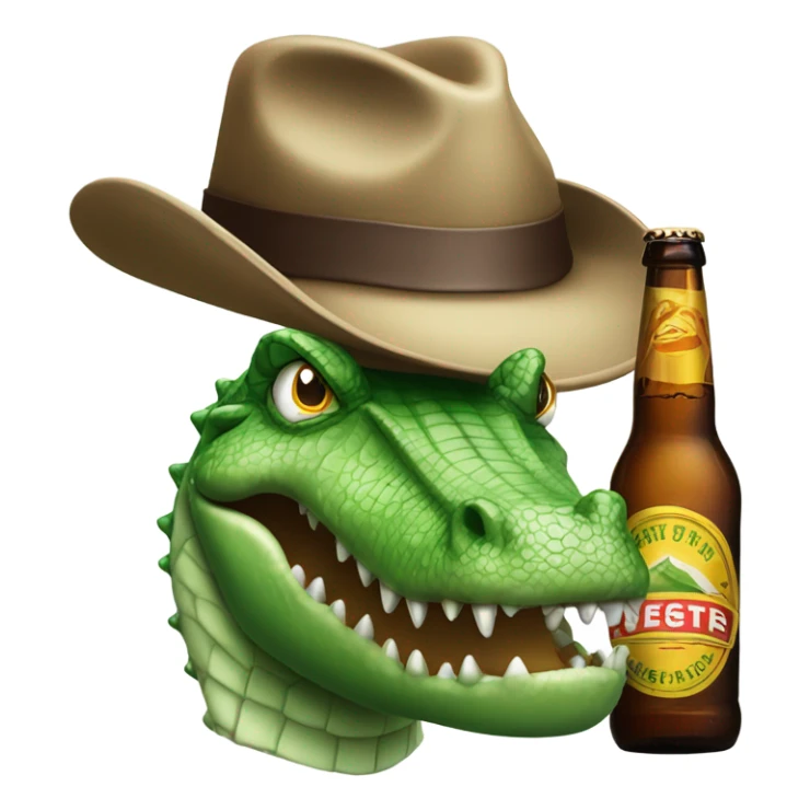 green and white crocodile head with brown fedora next to a beer bottle sticker