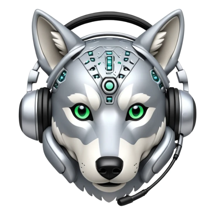 robotic wolf with digital eyes and circuit patterns wearing coach headset with football icon sticker