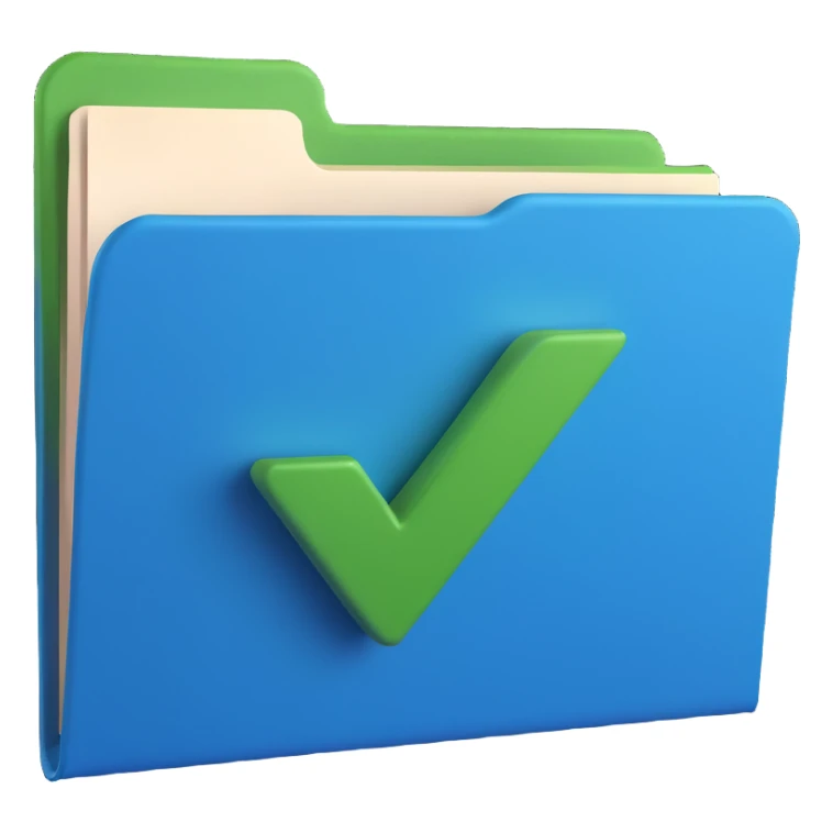 3D style illustration of a blue file folder with a green checkmark in relief sticker
