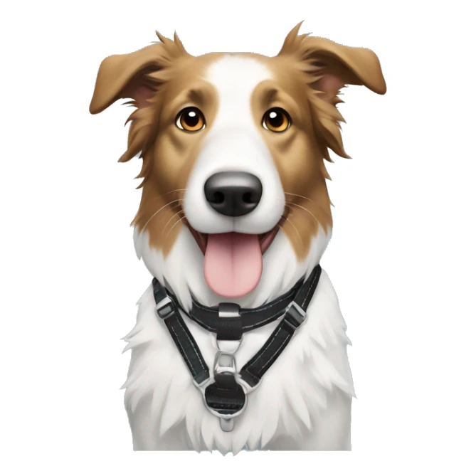 A black and white collie dog wearing a harness that has whales on it sticker