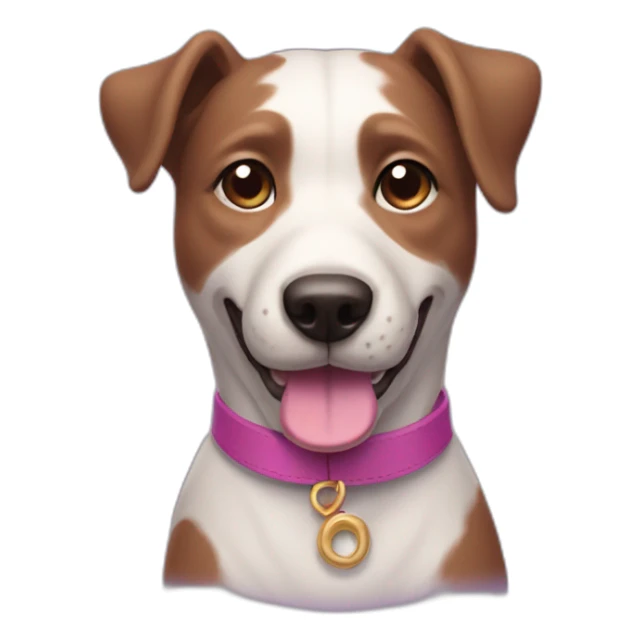 a purple dog with a brown nose and a pink collar with a bone happy  sticker