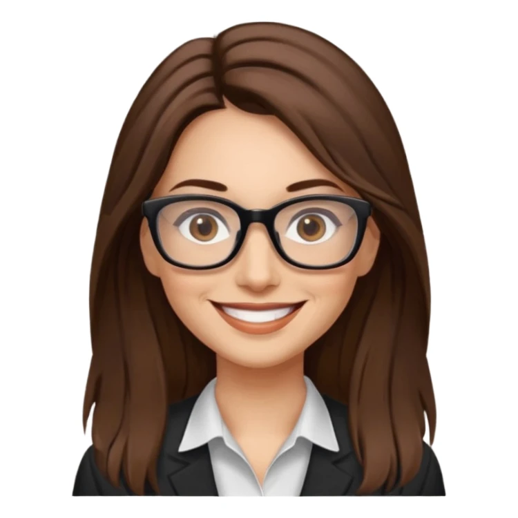 Woman 40, brown long hair, brown eyes, rectangle black glasses sticker