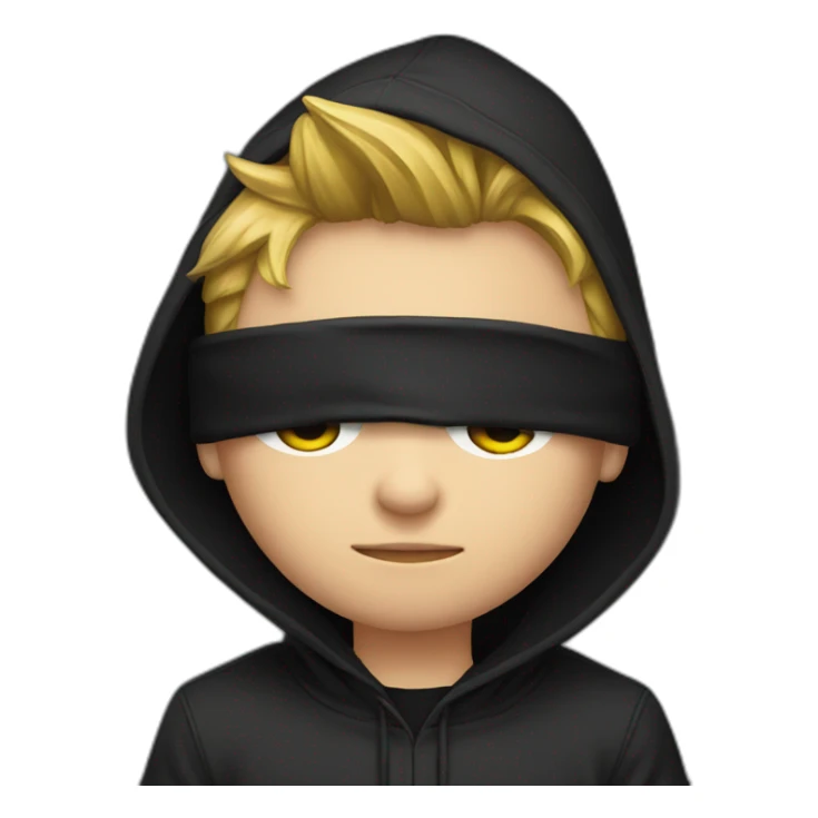 Young gamer with a black hood behind his computer sticker