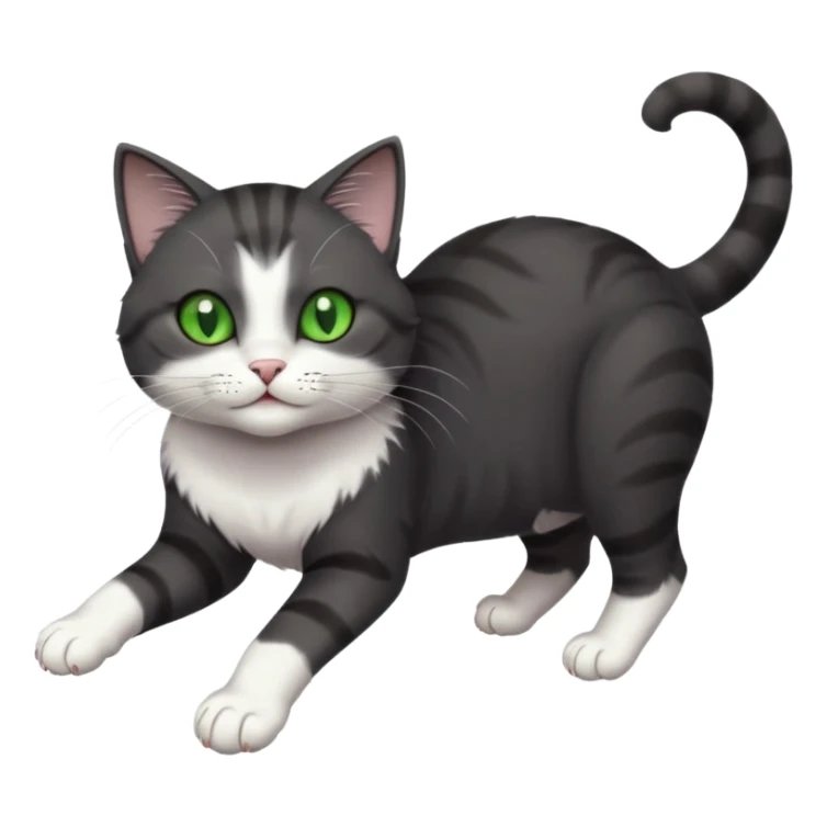 beautiful female solid dark grey cat with green eyes, white toes/paws and white patch on her chest playfully rolling upside down sticker