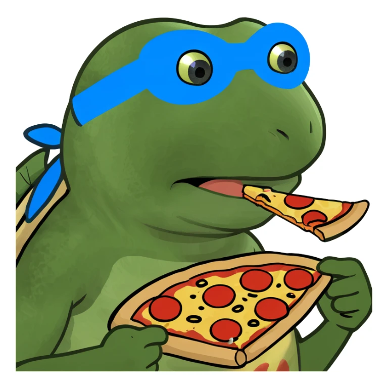 ninja turtle wearing blue eye mask with pizza sticker