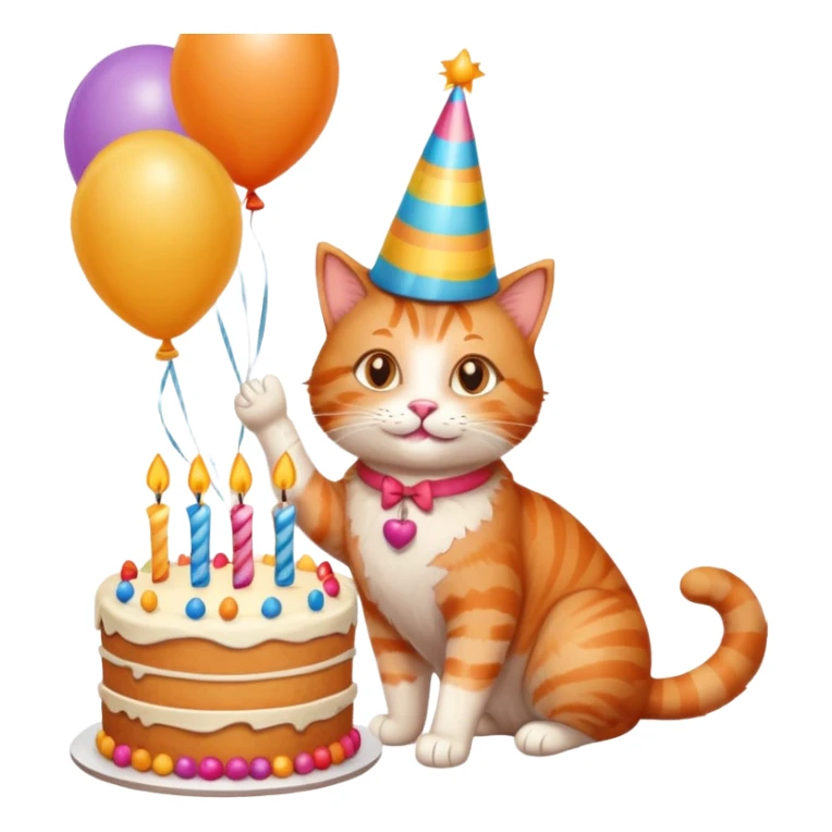 Ginger cat celebrates birthday, birthday hat, birthday cake, balloons, happy sticker