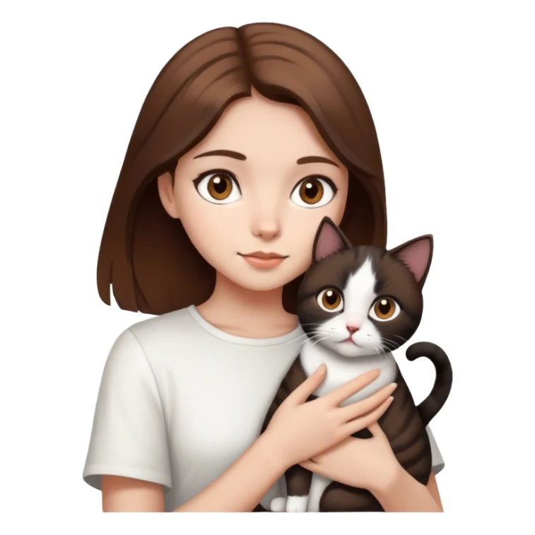 Garota de olhos e cabelos castanhos segurando um gato preto e branco sticker