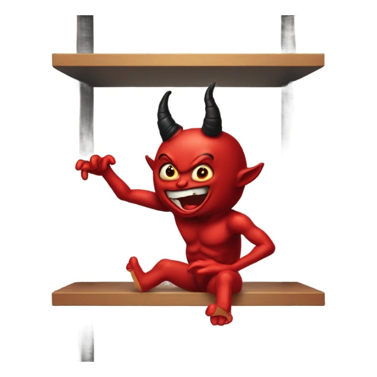 Red horned Satan doll swinging legs falling off a shelf  sticker
