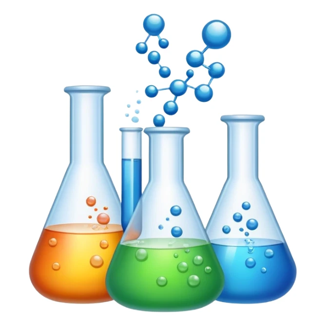 An icon featuring laboratory flasks with tubes, symbolizing chemistry. The design includes liquid and powder substances, a chemical reaction with bubbles, and molecular formulas, representing chemical processes like hydrolysis. Transparent background sticker