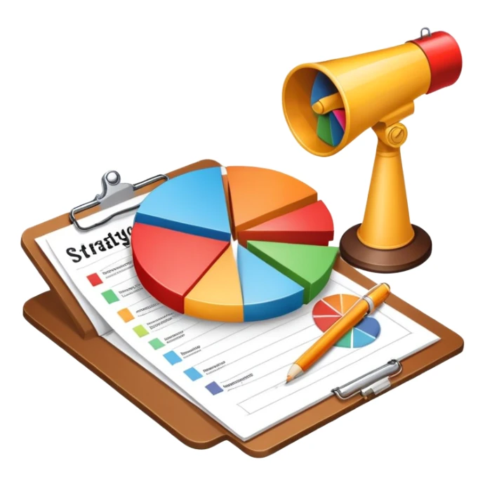 An icon featuring a pie chart, a megaphone, and a clipboard with strategy plans, symbolizing management and marketing. The design includes upward-trending graphs set against a modern office backdrop. Transparent background emphasizes business strategy and communication. sticker