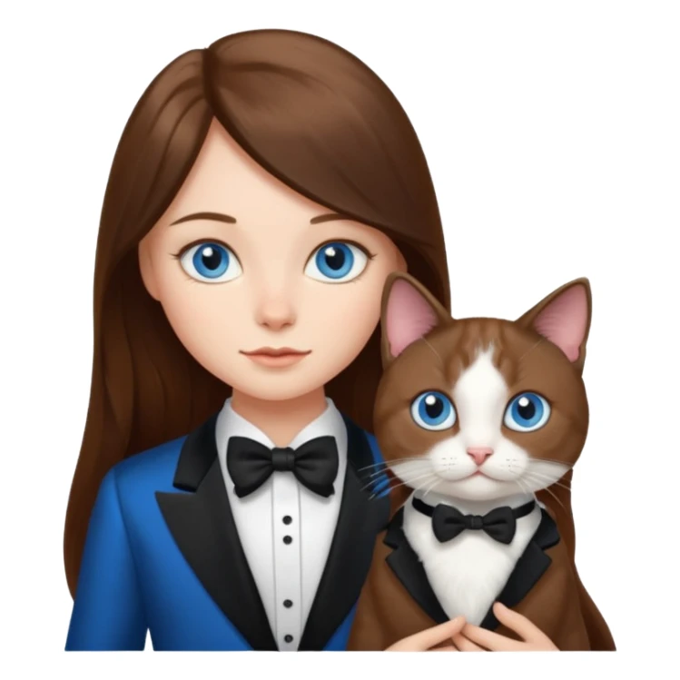 Long brown hair blue eye girl holding a tuxedo cat sticker