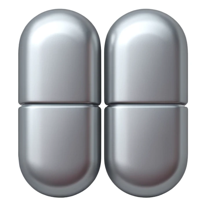 capsule pill emoji, metallic silver halves, smooth glossy finish, futuristic pharmaceutical 3D icon, isolated on white sticker