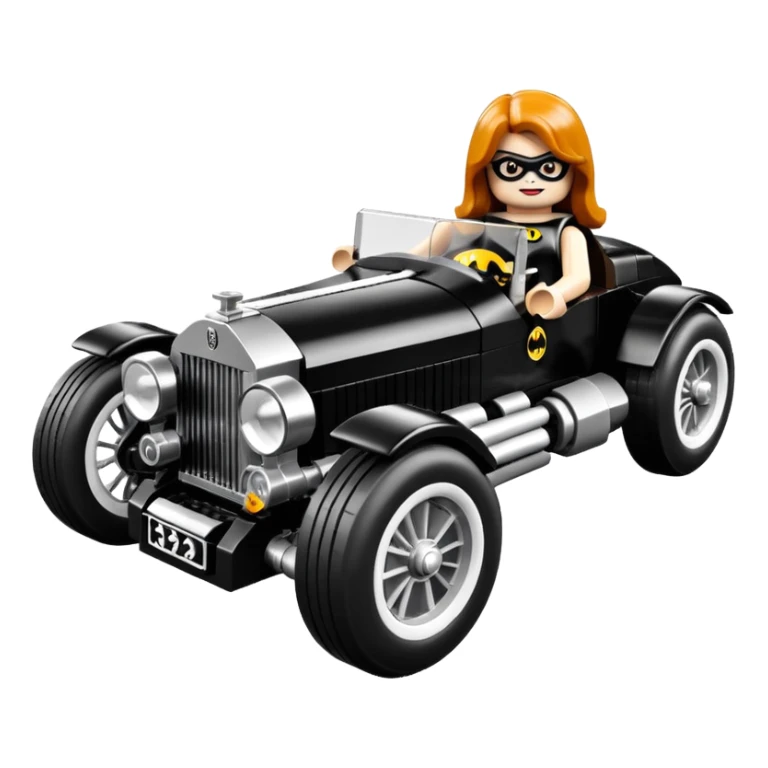 Batgirl’s Lego black Bare bones chopped streamlined sporty roadster (stripped down) hot street rodded engine sports car 1932 Rolls Royce Woody futuristic electric spaceship motors and lightning dynamos with wide racing wheels that are held strong by advanced suspension and steering sticker