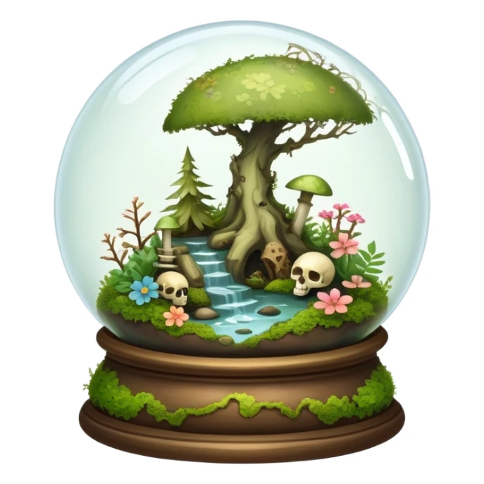 Mystical woodland glass-dome-terrarium-globe with moss inside, with bones inside, and flowers inside  sticker