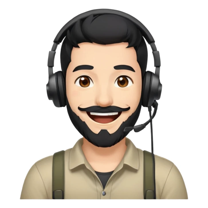 anime style laughing man with black hair, brown eyes, black beard wearing gaming headset sticker