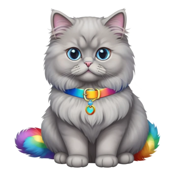 gray Persian cat full body sitting with blue eyes and rainbow belt sticker