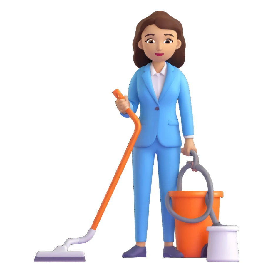 light-skinned woman in a light blue suit cleaning sticker