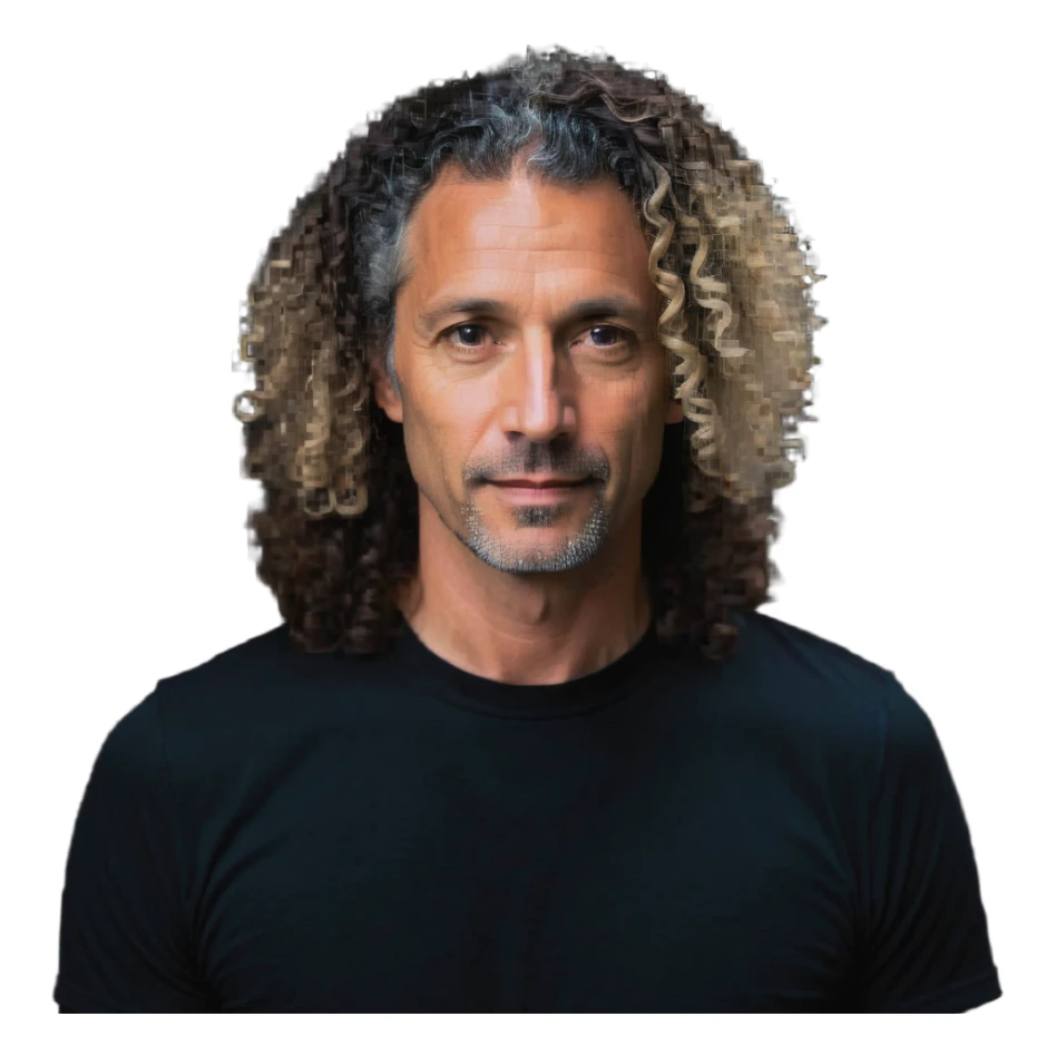 white man in his 40s with long tight curly hair and short sides sticker