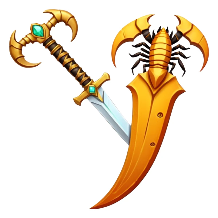desert dagger object icon, scorpion-shaped guard, glowing amber gem in handle, tribal desert carvings, fantasy style, 3D cartoon, mobile game icon style, centered, clean background, no text, no watermark
 sticker