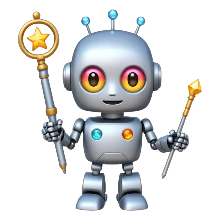 A cute robot is holding a magic wand, magic, emoji sticker