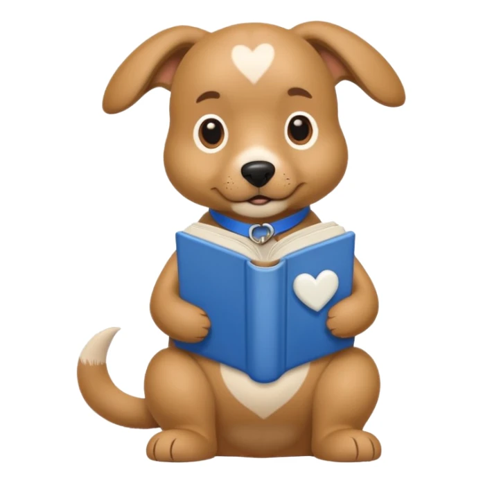 beige dog with a big white heart on its back reading a blue book sticker