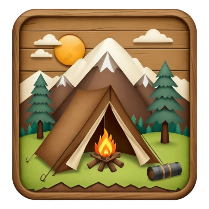 Wooden Camping sign made of felt texture, scrapbooking style, transparent background sticker