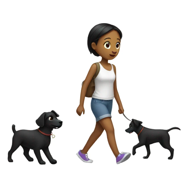 Girl walk with a black dog with white Chest sticker