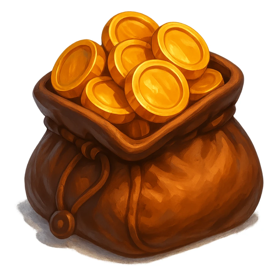 В cлегка рисованной, но при этом объемной и яркой стилистике сгенерируй картинку кожаного кошелька, из которого торчат золотые монеты. Они должны выглядеть не как пластмассовые, а как настоящее золото. Прозрачный фон sticker