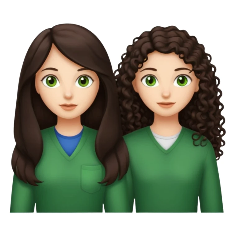 Two besties, 1: long ironed straight darkbrown hair, green eyes, 2: long curly darkbrown hair, brown eyes sticker
