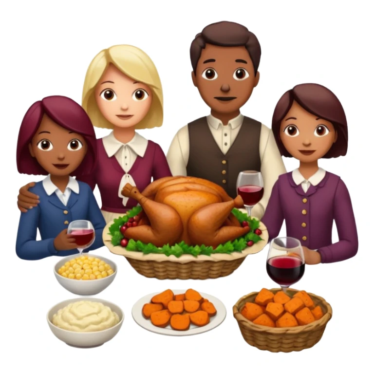 Thanksgiving Dinner with 10 people of different skin color around the table; have the food be a cooked turkey, mashed potatoes, corn, a basket of biscuits, a small bowl of cranberry sauce, baked yams, steamed vegetables, and a bottle of wine. sticker