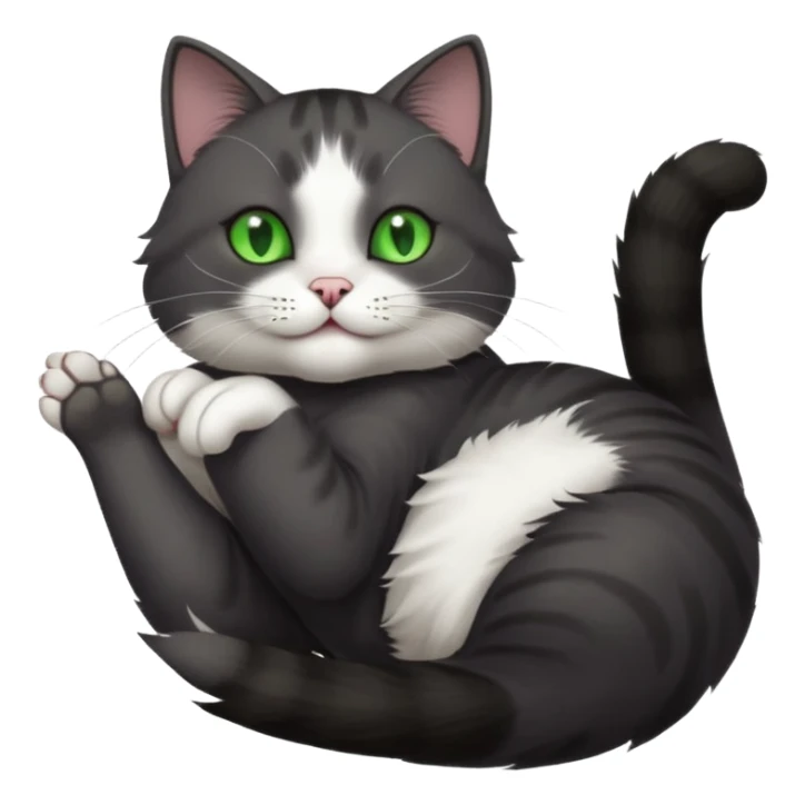 beautiful female solid dark grey cat with green eyes, white toes/paws and white patch on her chest playfully rolling upside down sticker