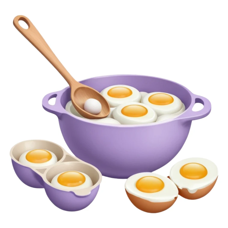a lilac ceramic mixing bowl with a wooden spoon stirring and sitting next to it is a dozen eggs with the carton lid open sticker