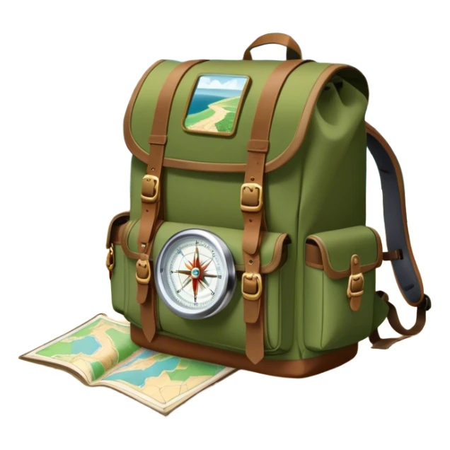 Icon for Expeditions: a compass, a map, a backpack with trekking gear, and a rugged expedition jeep, set against a backdrop of snowy mountains, sand dunes, and tropical islands. The icon should capture the spirit of adventure and exploration in diverse landscapes. Transparent background. sticker
