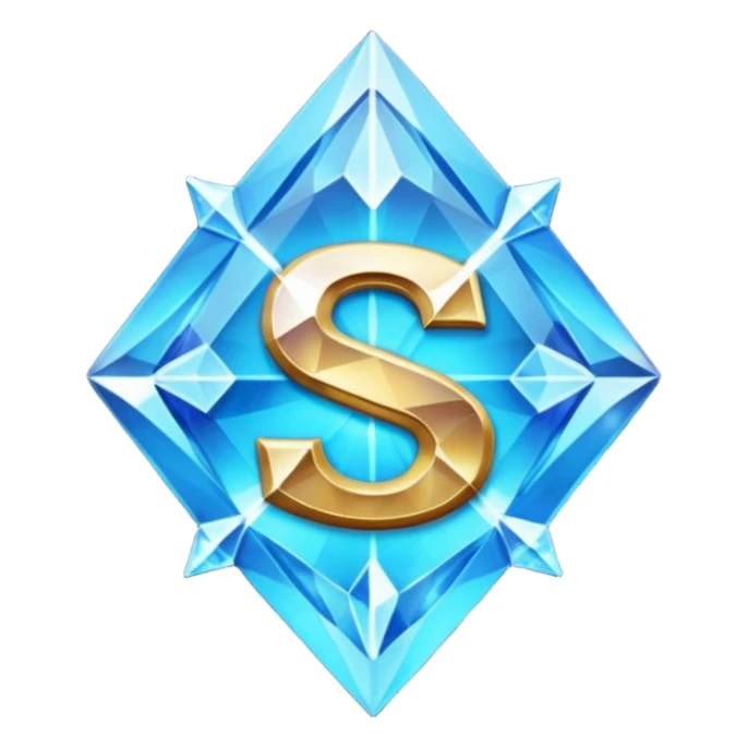Create a custom emoji badge featuring a stylized, glossy letter “S”. Style it after the Diamond rank from League of Legends. Use crystalline blue tones, sharp reflections, faceted textures, and a high-end glowing frame.
 sticker