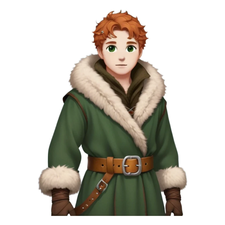 Medieval winter outfit worn by a DnD themed fantasy male character. Thick rustic brown wool tunic with arctic fox fur trim, adorned with hammered copper clasps and a heavy woven leather belt. Clothes only above the waist, full waist coverage. The character has no arms. Character is white-skinned with cinnamon colored hair, deep green eyes, and short curly hair dusted with winter frost. sticker